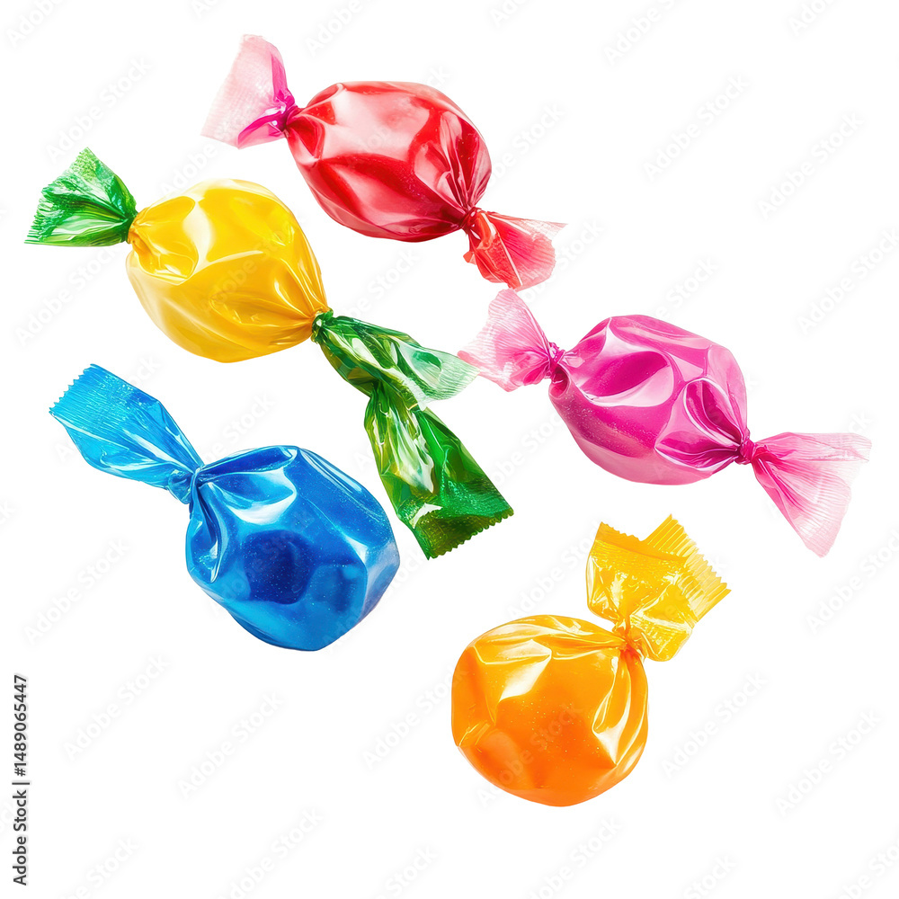 Poster colorful candies in bright wrappers on a white background creating a vibrant and cheerful display, c