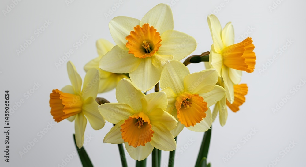 Poster cluster of yellow daffodils swaying against plain white background in spring close up