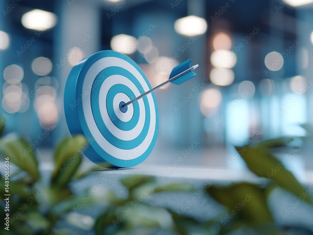 Poster blue dartboard with arrow in bullseye, office setting
