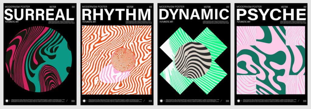 Modern vector illustration features four abstract posters with dynamic lines, geometric shapes, wavy patterns, and bold typography in vibrant colors, inspired by modernism and futuristic art concepts.