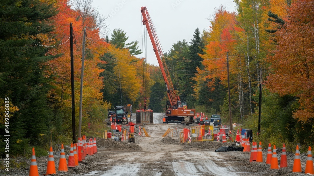 Poster crane setup with counterweights and outriggers on rough terrain surrounded by cones and barriers
