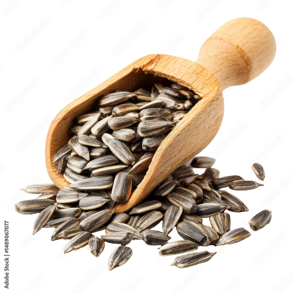 Poster sunflower seeds in a wooden scoop resting on a transparent background for culinary and snacking idea