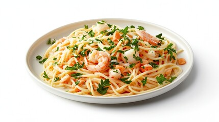 Seafood spaghetti on a white plate topped with herbs against a white background
