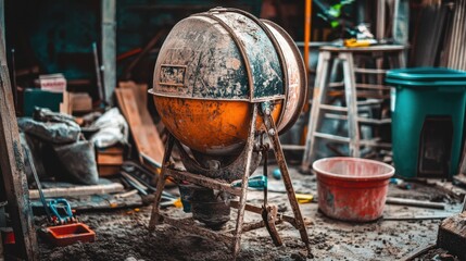 Dirty concrete mixer sitting on an active site with tools and debris