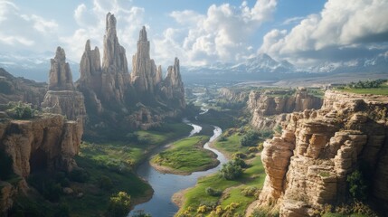 Scenic valley with towering rock formations.