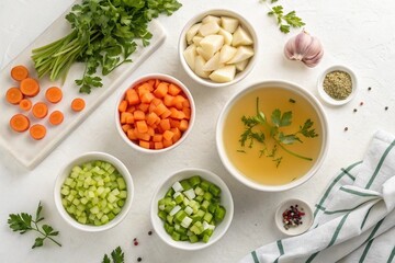 Top-down view of a clean kitchen counter with neatly arranged bowls of chopped carrots, celery, onions, garlic, fresh herbs, and broth, minimal style, natural lighting, culinary preparation scene.