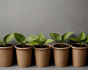 Fototapeta premium Five Seedlings in Biodegradable Pots