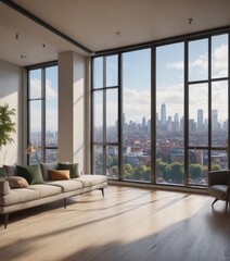 Obraz premium Modern apartment's expansive windows showcase stunning city vista, building, highrise, spacious