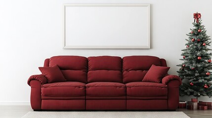 Modern living room scene with red couch and Christmas tree.