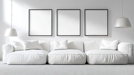 Modern white living room interior mockup with empty frames.