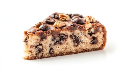 Slice of nutty chocolate cake with coffee beans on top, against a white backdrop