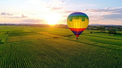 Fototapeta premium Aerial View of Colorful Hot Air Balloon Over Green Paddy Field at Sunset