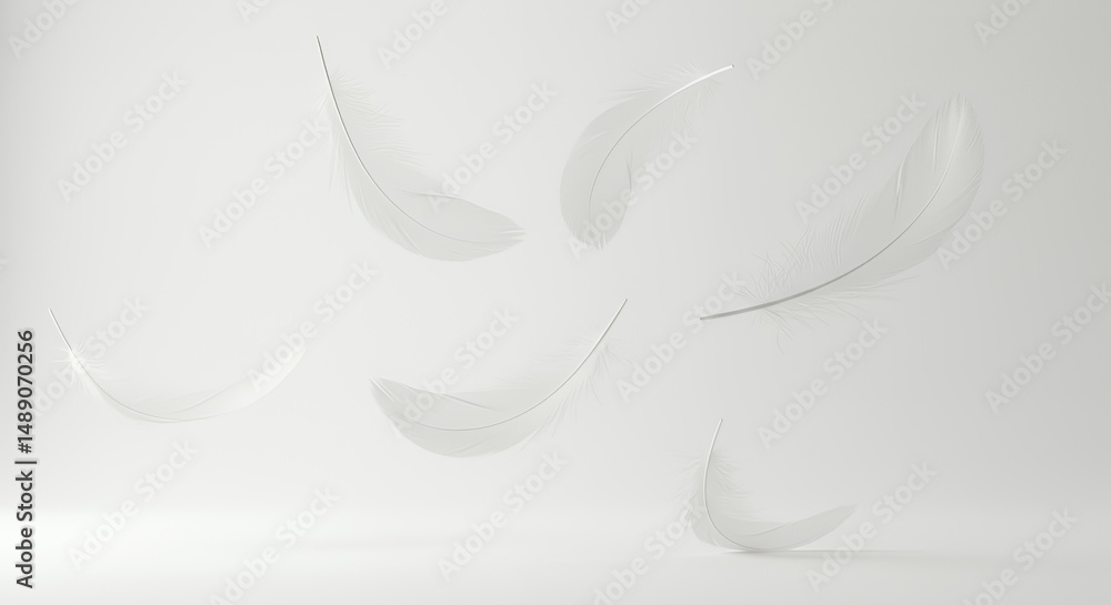 Poster floating white feathers against a white backdrop evoking purity and lightness perfect for decoration