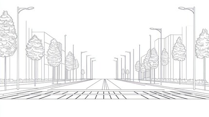 City street plan, vanishing point perspective, trees, buildings, urban design