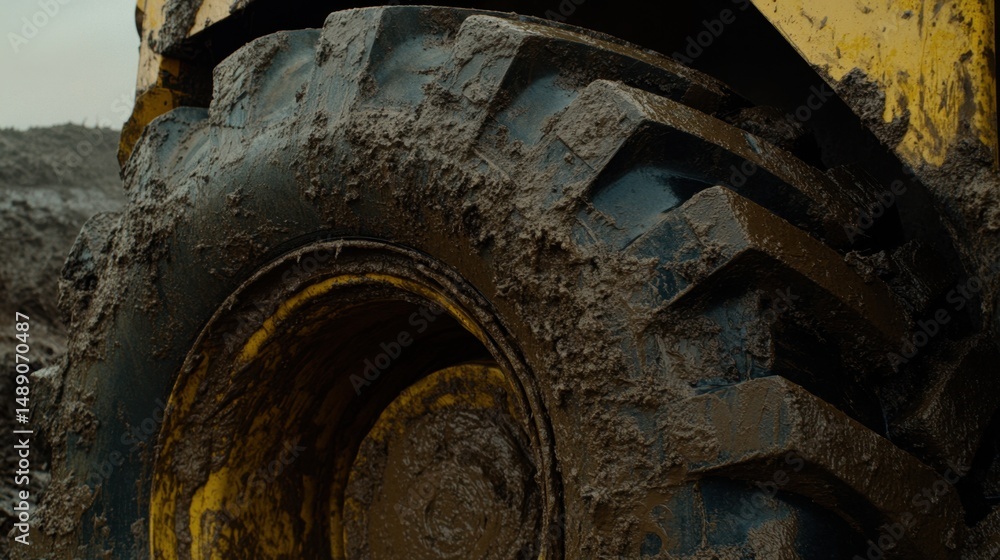 Poster tire detail on a wheel loader, showing mud caked into thick tread patterns