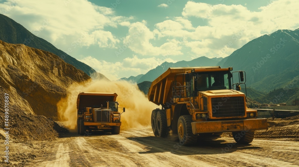 Poster wheel loader in action dumping a load of sand into a waiting dump truck on an open lot
