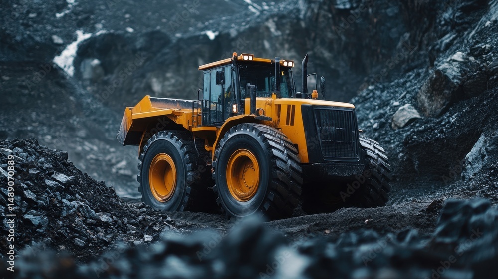 Poster wheel loader operating in a rocky quarry with exposed stone cliffs in the background