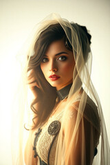 Surreal Veiled Fashion women Portrait – A Digital Artwork Concept On White Background.