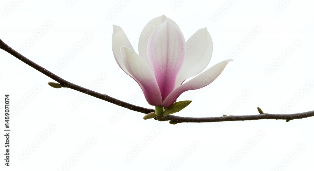 Poster delicate pink and white magnolia blossom rotating gracefully on stem in soft diffused light on stark