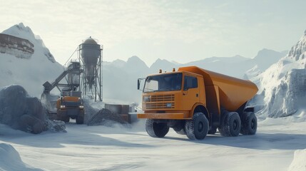Yellow dump truck standing by cement mixer and loader in a logistics yard