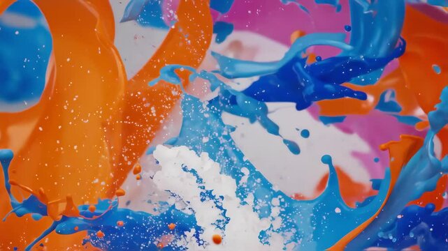 Abstract Color Explosion: A vibrant explosion of orange, blue, and white paint creates a dynamic and energetic abstract art piece, full of movement and texture.