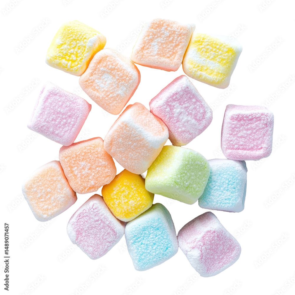 Poster Colorful marshmallows arranged in a random pattern on a clean Transparent background, marshmallows candyisolated on PNG background