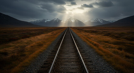 Fototapeta premium Symmetrical Train Rails Stretching to Icy Alpine Horizon 