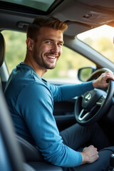 Smiling Young Man Driving a Modern Car – Mobility Concept