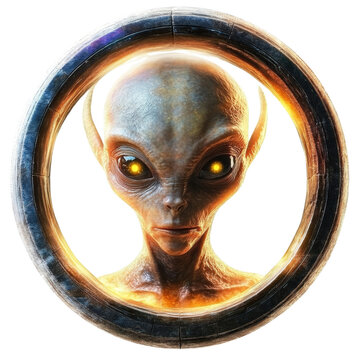 Mysterious Encounter: An extraterrestrial being emerges from a dimensional portal, showcasing captivating detail and thought-provoking mystery.