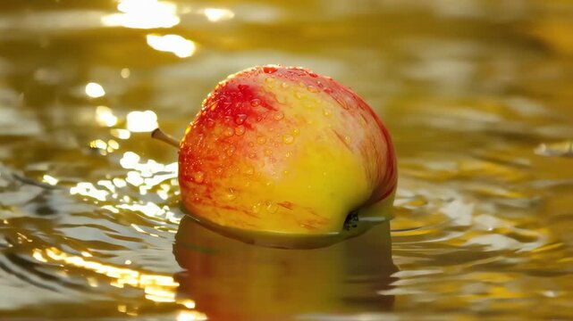 Floating Apple: A close-up shot of a crisp, ripe apple gently bobbing on the surface of glistening water, conveying the essence of freshness and natural beauty. 
