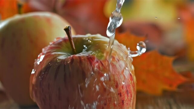 Water Splash on Apple: A red apple with water droplets, closeup view. The perfect visual to complement your healthy food, diet, or juice related themes.  The water droplets are scattered on the apple.