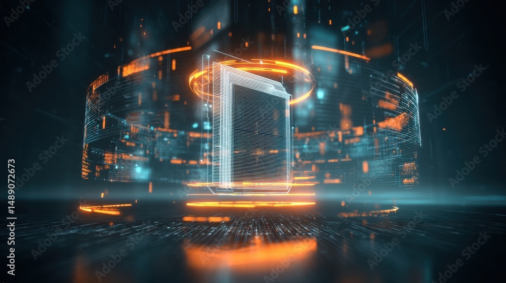 Poster futuristic digital portal surrounded by glowing data and technology elements on a dark background fo