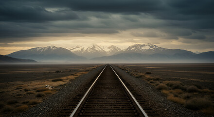 Fototapeta premium Dramatic Overcast Sky Above Train Tracks and Alpine Peaks