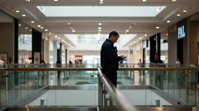 A Security Officer Standing Vigilantly in a Modern Shopping Mall, Monitoring Activities and Ensuring Safety for Customers and Shoppers Alike in a Spacious Retail Environment