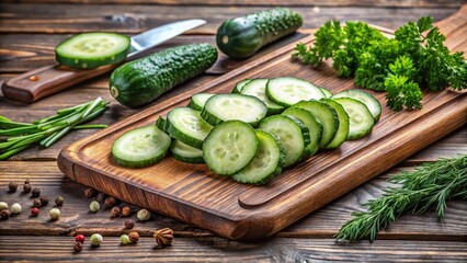 Fresh cucumber slices arranged neatly on a wooden cutting board with herbs and garnishes , slicing, kitchen