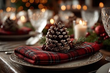 Christmas holiday table set pinecone centerpiece and red linen elegant dining decor no people