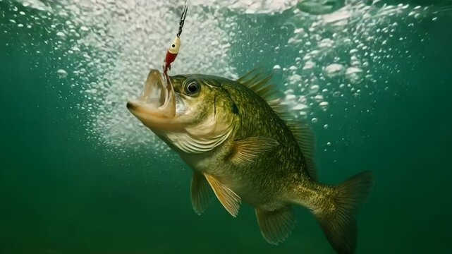 Underwater Catch of a Bass Fish with Lure and Air Bubbles