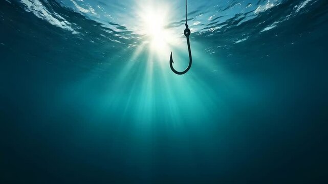 Underwater Fishing Hook Dangling in Bright Sunlight Rays