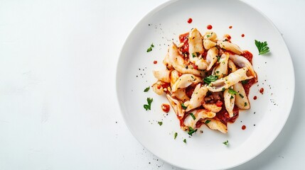 Plate of squid cooked in tomato sauce, garnished with parsley, on white