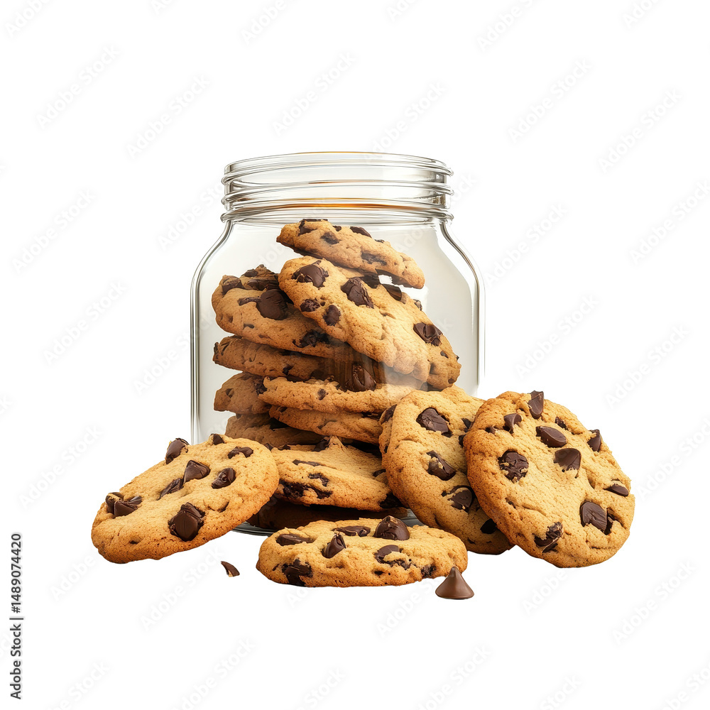 Poster delicious cookies spilling from an open jar on a transparent background ready to be enjoyed, open ja
