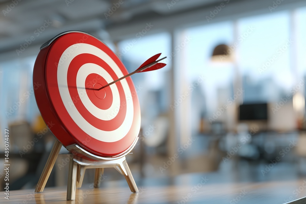 Poster red dartboard with arrow in bullseye in office setting