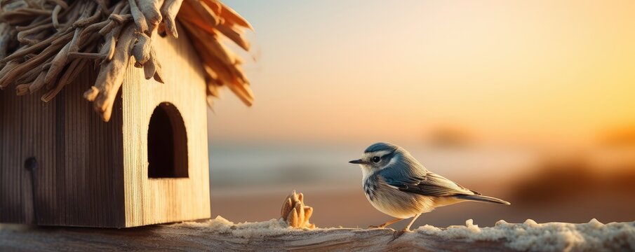 Cozy winter scene with blue tit bird near wooden birdhouse at golden sunset. Nature photography for Christmas card or World Sparrow Day celebration. Backyard wildlife.