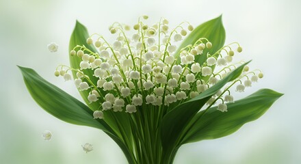 Fototapeta premium Close up Lily of the Valley with White Flowers and Green Leaves in Soft Lighting Perfect for Spring Themes and Floral Decorations