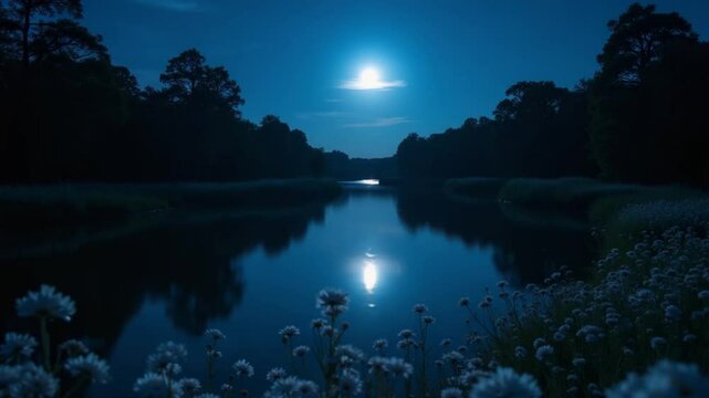 A serene night landscape with a full moon illuminating a calm river, surrounded
