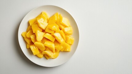 Diced mango on a white plate, seen from above, against a white background