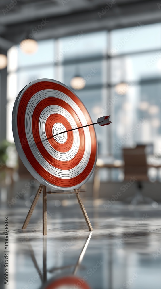Poster target with arrow in bullseye on easel in office environment