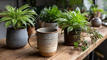 Indoor plants and ceramic mug on rustic wooden shelf