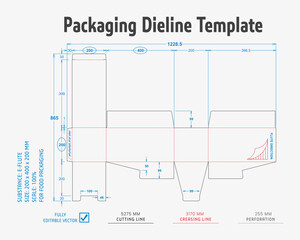 Packaging Dieline Template. 2D Technical Drawing File Eps Scale. Fully editable vector. Prepared for industrial production.