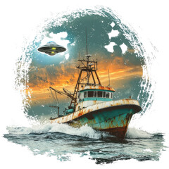 Obraz premium Mysterious Encounter: A weathered fishing boat braves the open sea beneath a vibrant sunset sky, as an unidentified flying object hovers above, hinting at an otherworldly event. 