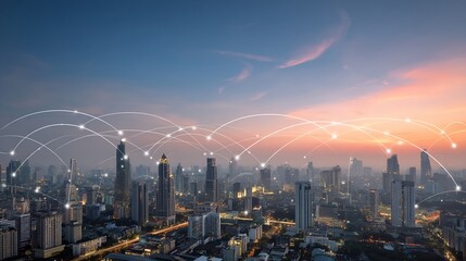 Fototapeta premium Urban Cityscape with Network Connections at Dusk